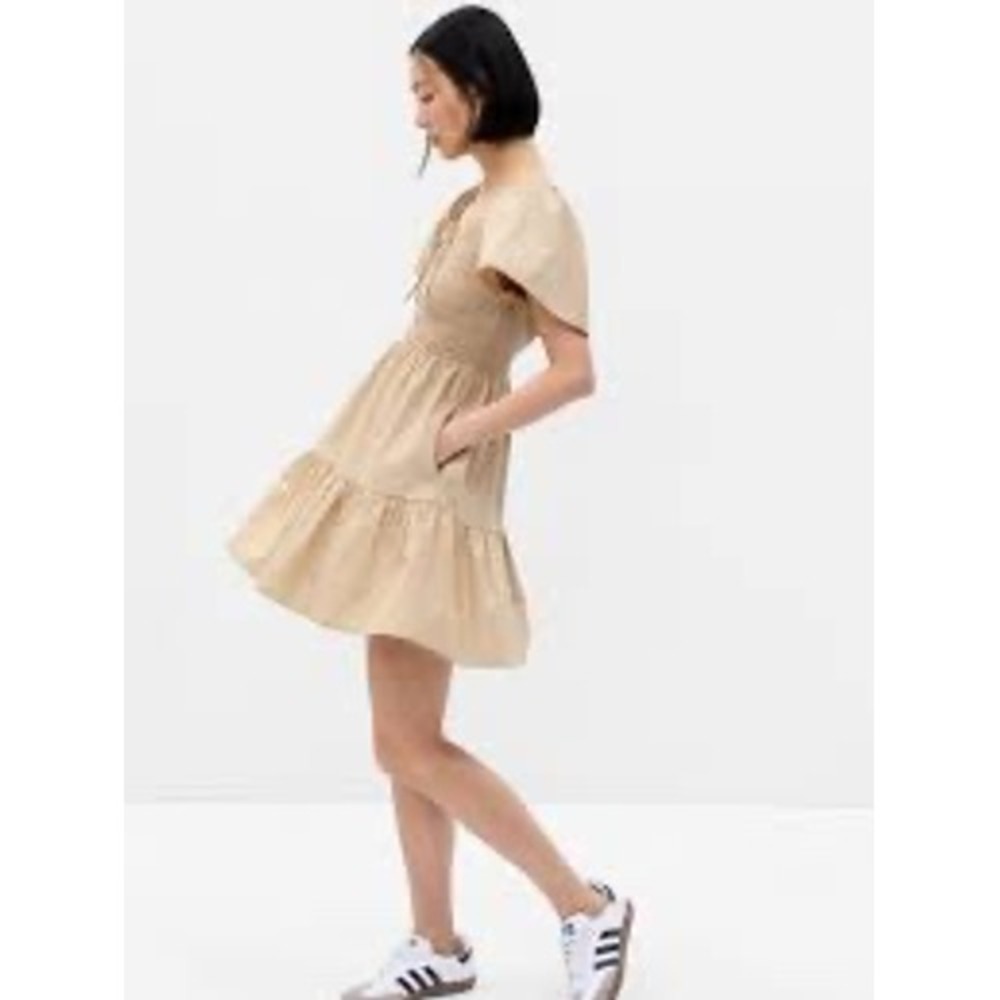 Gap Women Smocked Mini Dress Tan Khaki Puff Sleeve Tiered Cotton‎ L NEW